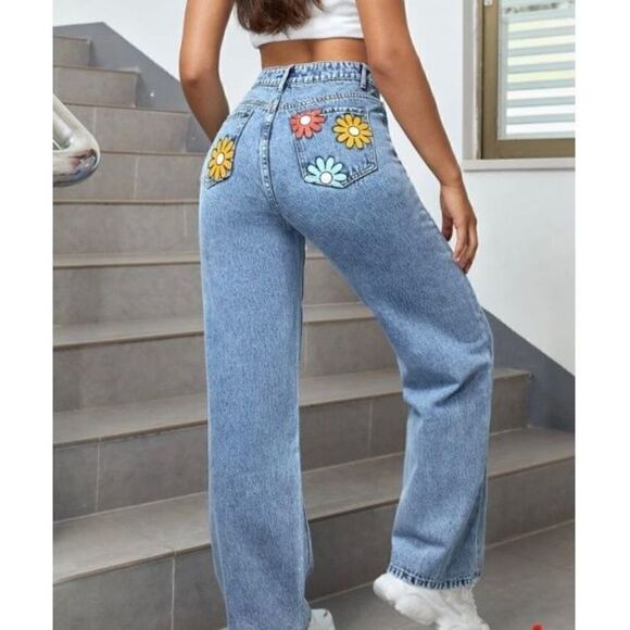 Shein Wide Leg Floral Jeans - Picture 1 of 10